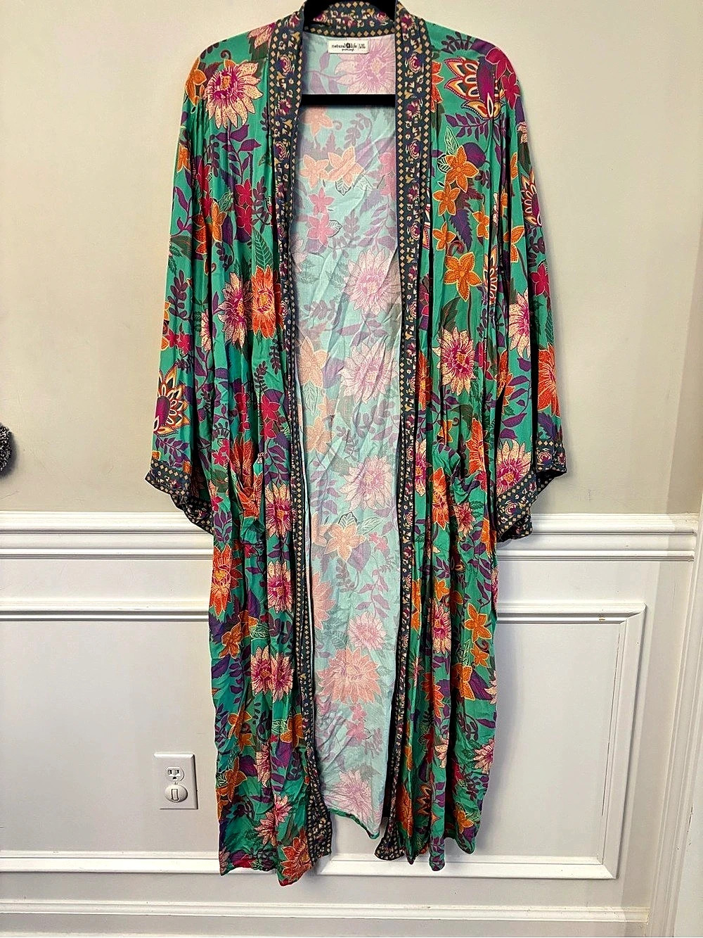 Natural Life Mixed Print Floral Kimono Duster Green & Pink